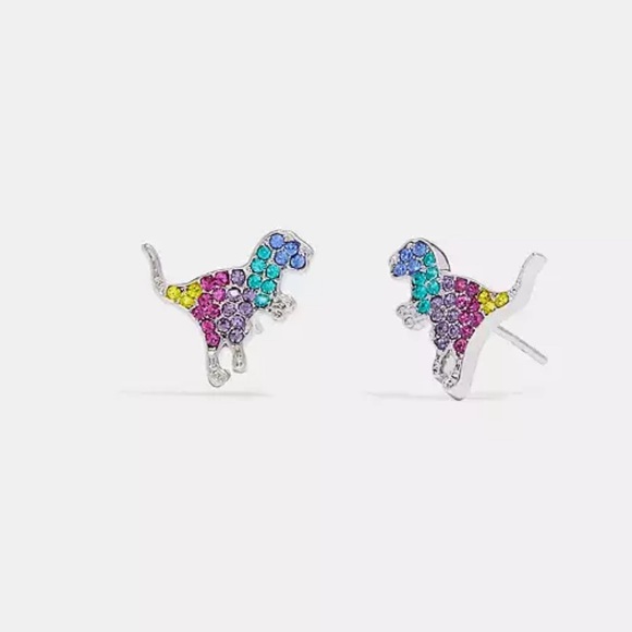 NWT Coach Pave Rexy Stud Earrings Rainbow Crystal Post Jewelry Silver Dinosaur - Picture 1 of 7